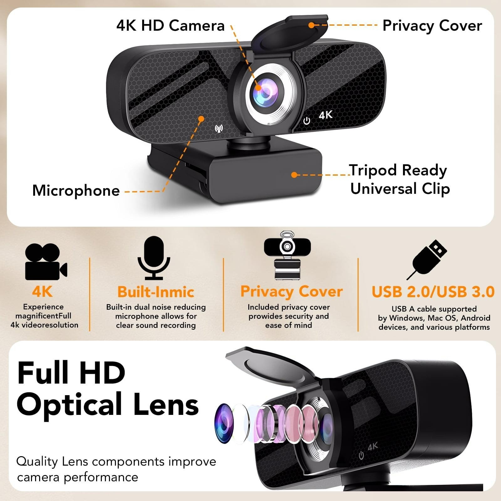 4K Webcam HD 2160P USB Camera with Remote Control & Tripod for PC Laptop Zoom