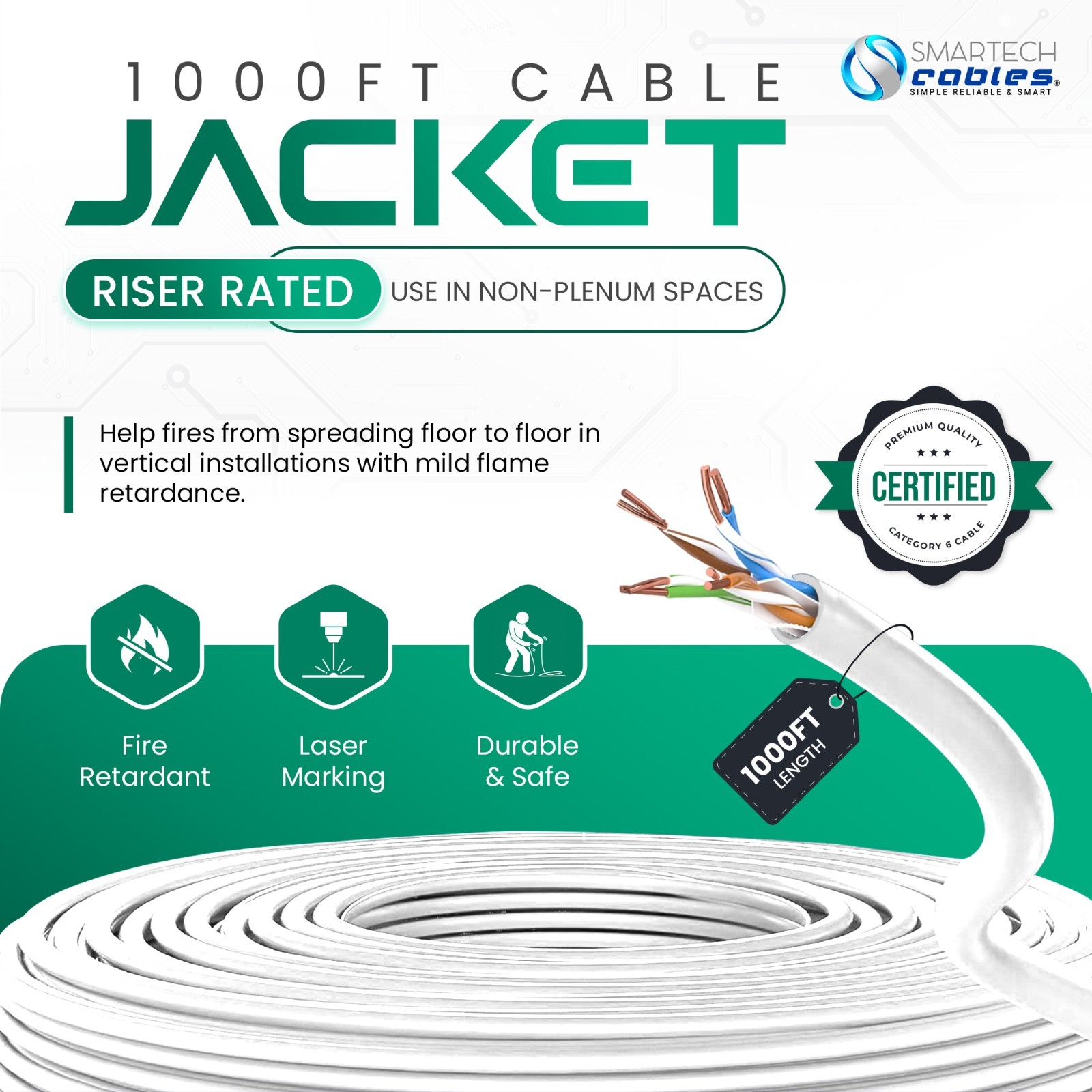 CAT6 4 Pair UTP Riser CCA Rated CMR 550Mhz 23AWG Ethernet Cable 1000ft White