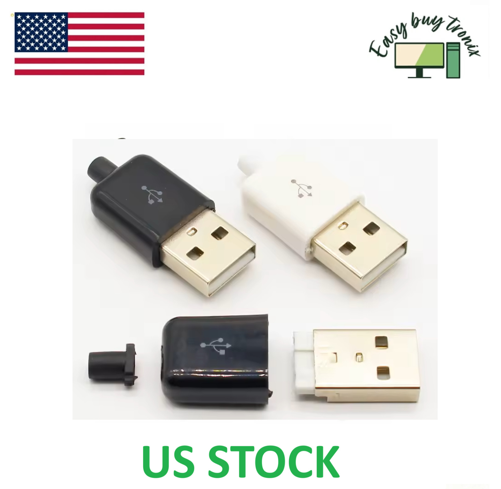 4pcs USB 2.0 Type A Male 4 Pin Plug Socket Connector with Black Plastic Cover