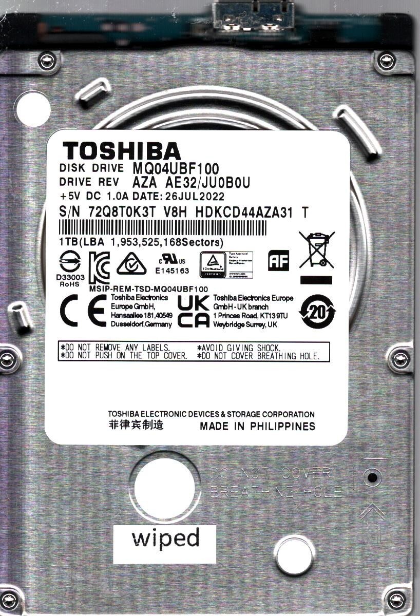 MQ04UBF100 HDKCD44AZA31 T Rev: AZA AE32/JU0B0U 1TB JUL 2022 PHILIPPINES TOSHIBA
