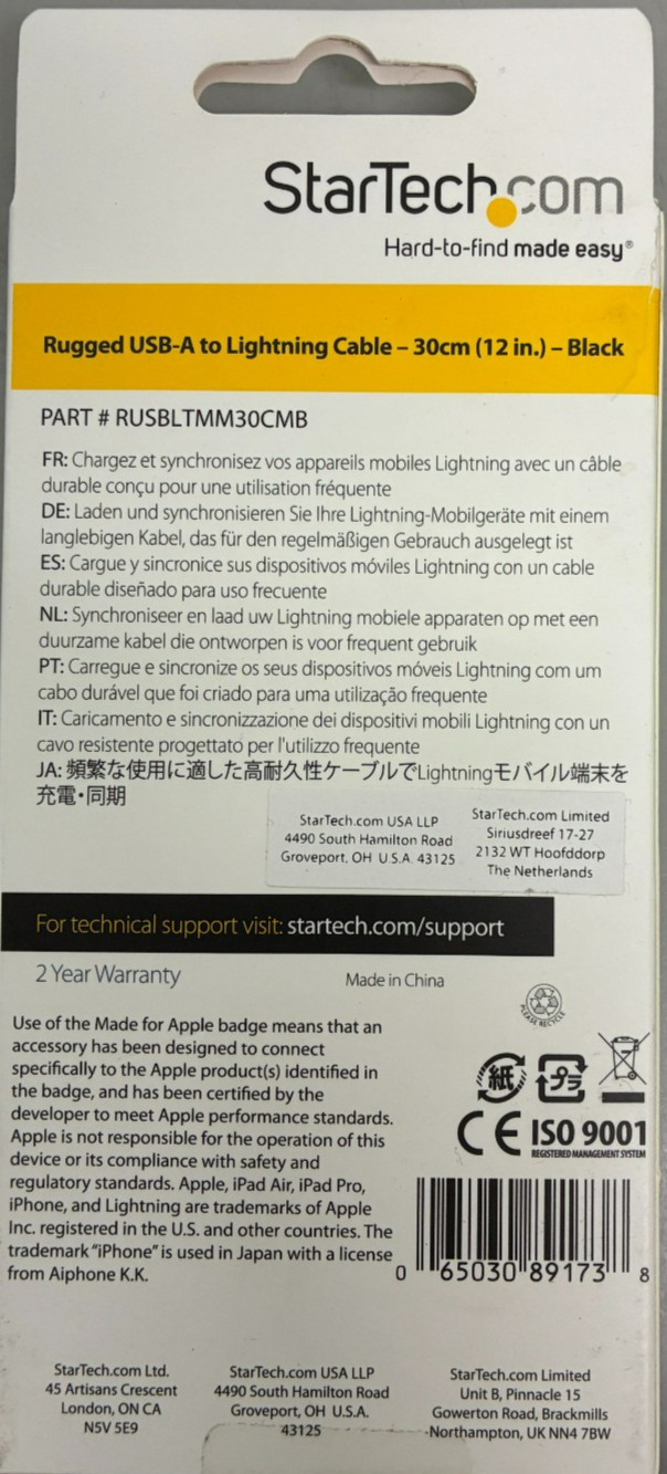 StarTech.com – RUSBLTMM30CMB – 30cm Durable USB A to Lightning Cable – Black