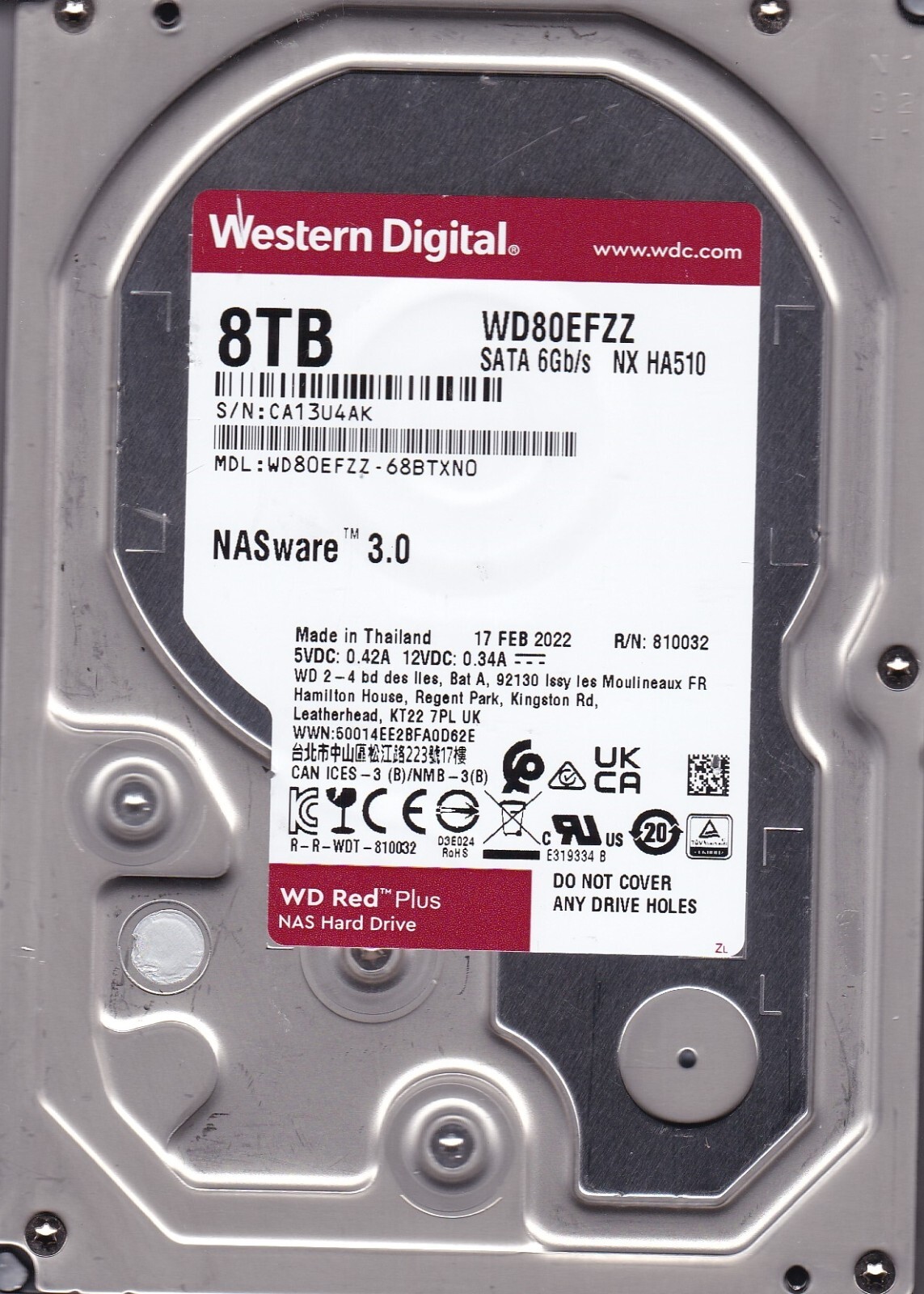 WD80EFZZ-68BTXN0 s/n: CA1 FEB/ 2022 Thailand ” A82B03″ 8TB SATA 3.5″ HDD A12-15
