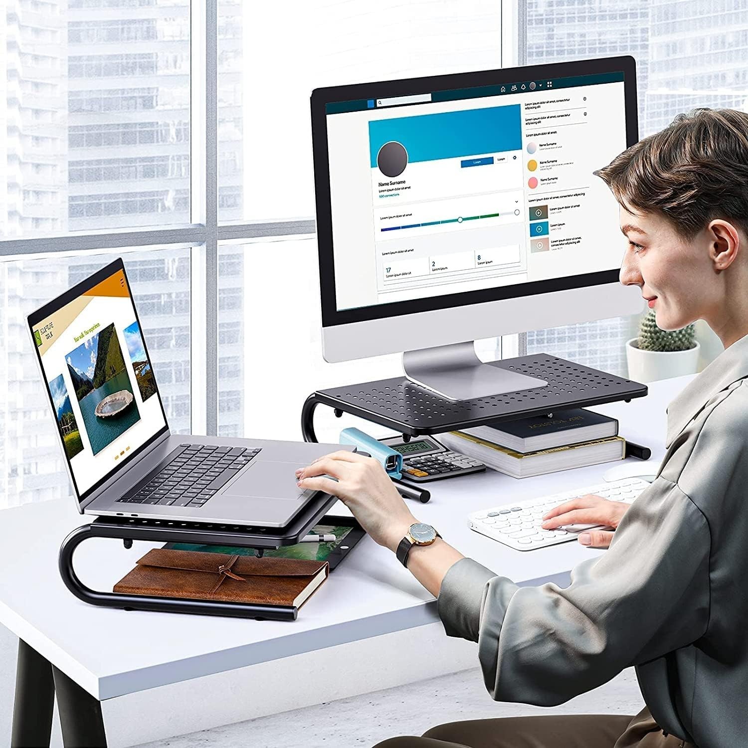 Black Steel Monitor Riser Stand for Desk, Laptop, Printer – 14.57×9.25in