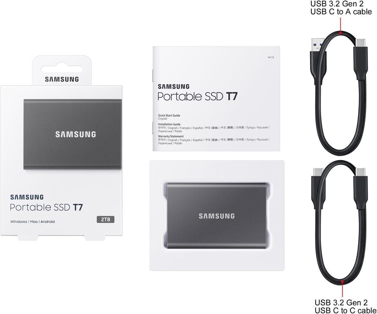 SAMSUNG T7 Portable SSD, 2TB External Solid State Drive, MU-PC2T0T/AM