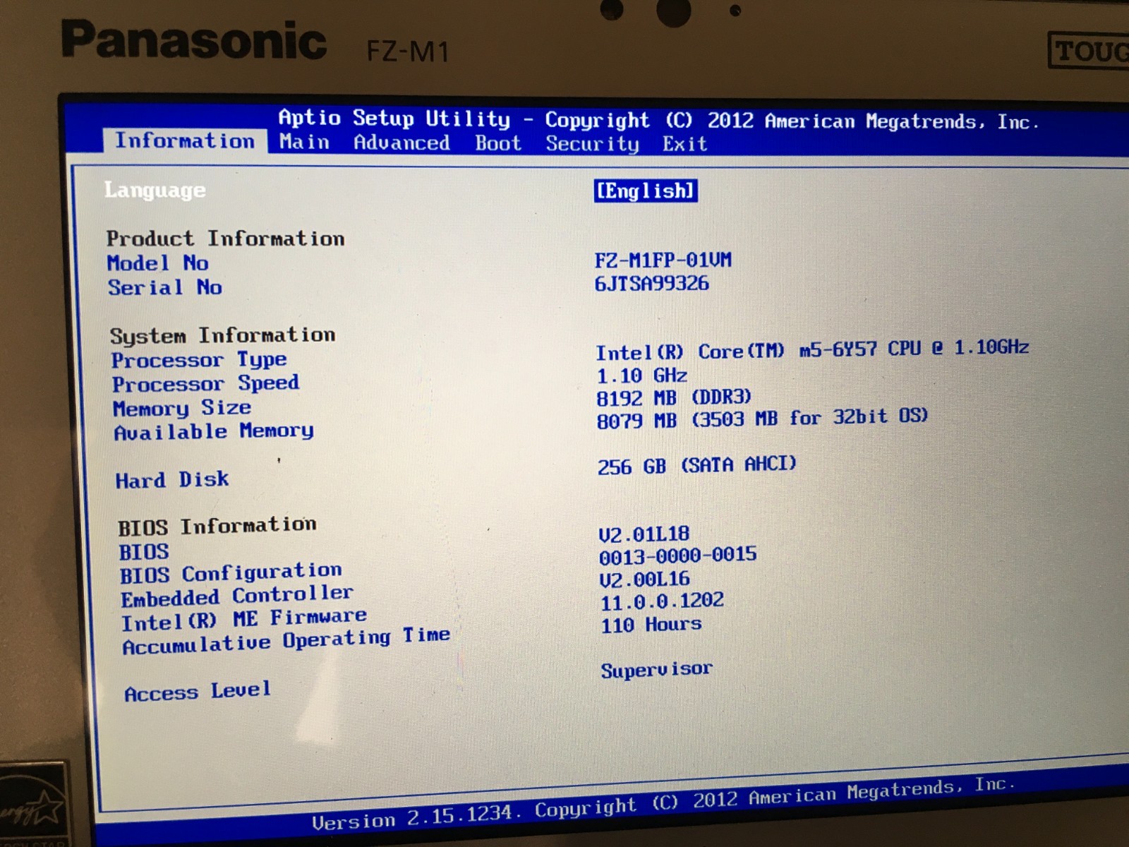 110 Hours Panasonic TOUGHPAD FZ-M1 7″ Core m5-6Y57 1.10GHz 256GB 8GB RAM Win 10