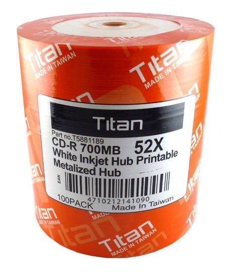 100-PK 52X TITAN Brand White Inkjet Hub Printable Blank CD-R CDR Disc 700MB
