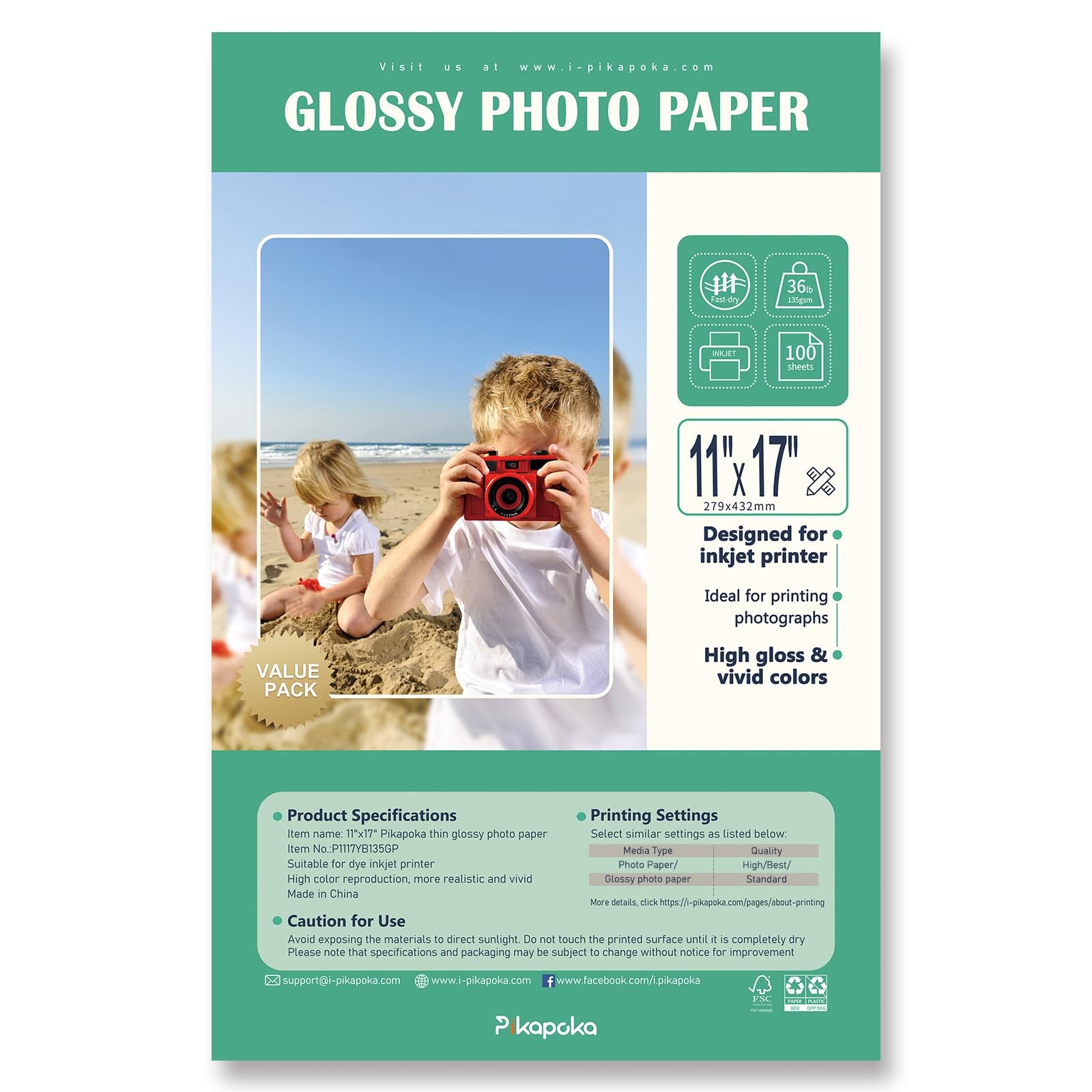 Glossy Photo Paper 11×17 Inch Inkjet Printer 36lb Tabloid Size 100 PCS Sheets