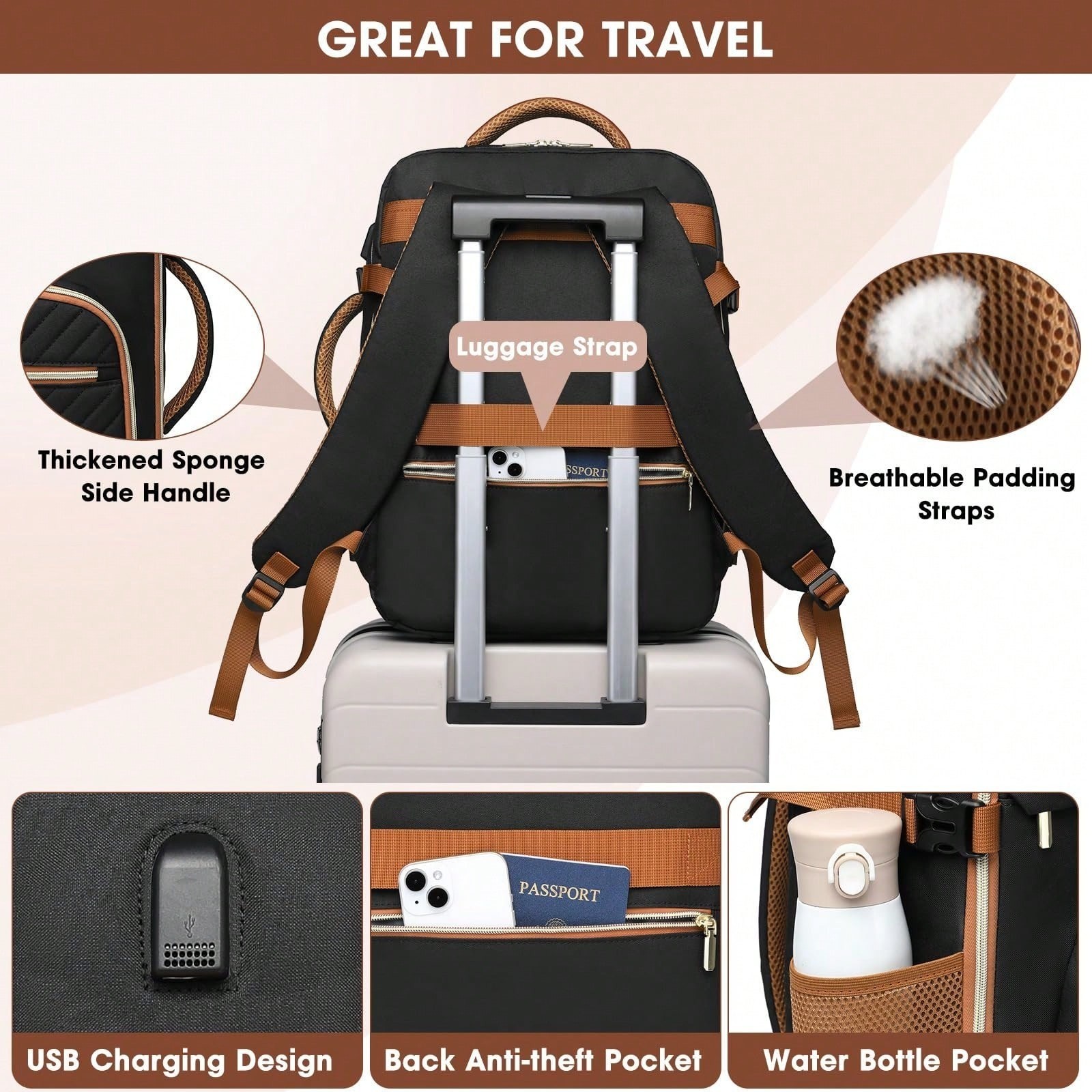 40L Waterproof Travel Backpack TSA Approved For 17in Laptop With USB Port Packin