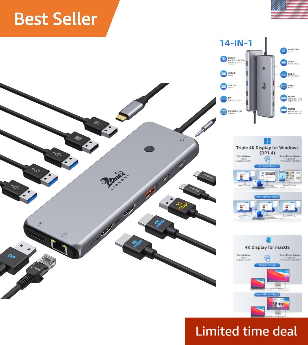 Versatile 13-in-1 USB-C Docking Station with Dual Monitor Support & 10Gbps Speed
