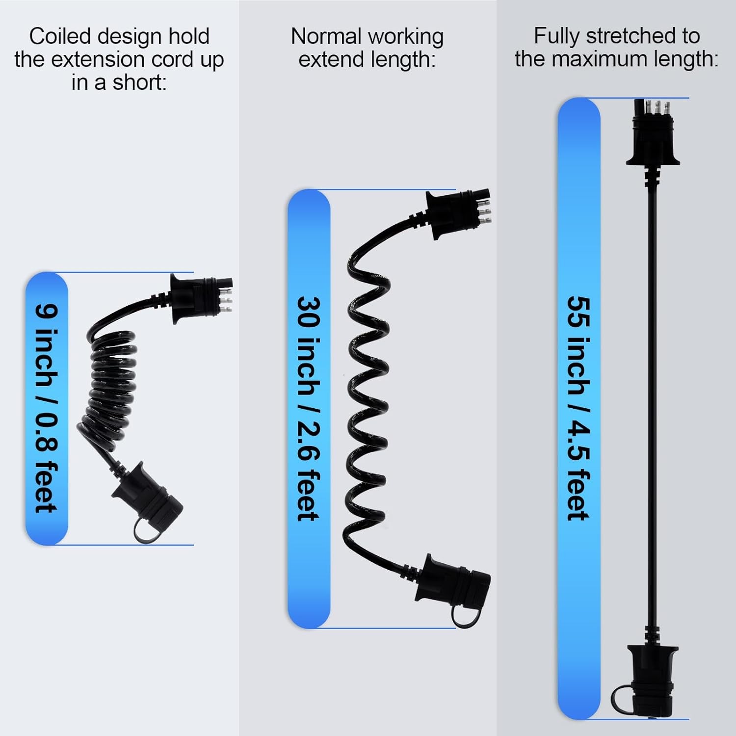 4 Way Flat Trailer Light Wiring Extension 4.5Ft 55 In, Stretchable Coiled Cable