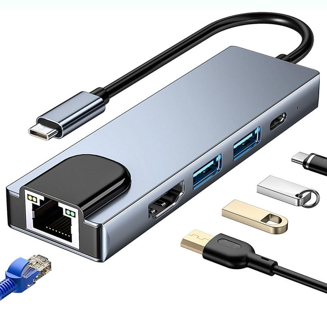 USB C Hub Multiport Adapter 5-in-1, with HDMI, Ethernet Port, USB 3.0/2.0 Por