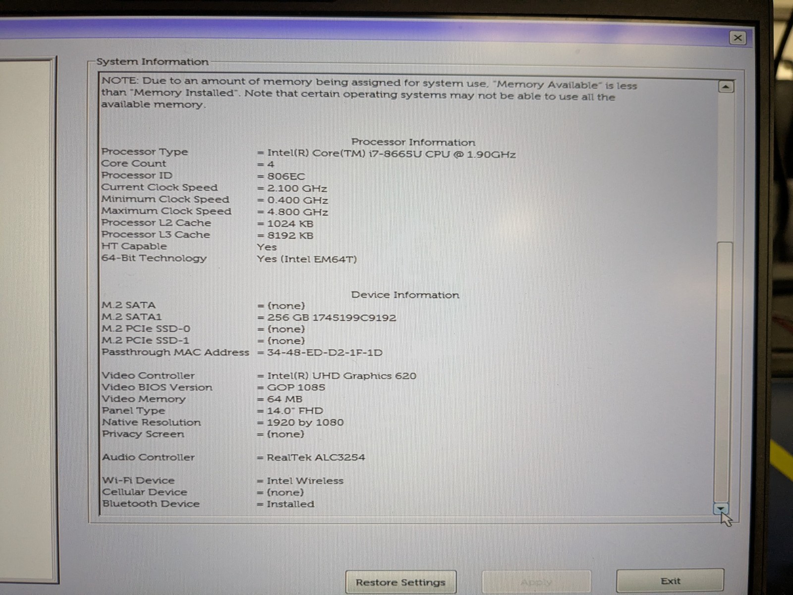 DELL LATITUDE 7400, Intel Core i7-8665U, 1.90 GHz, 16 GB, 256 GB M.2