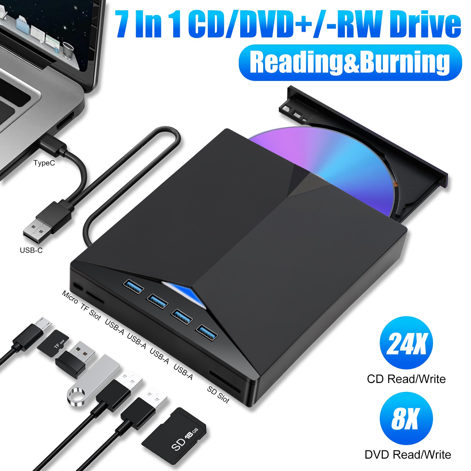 7-in-1 Slim External CD DVD Drive USB 3.0 Reader Writer Burner Player For Laptop