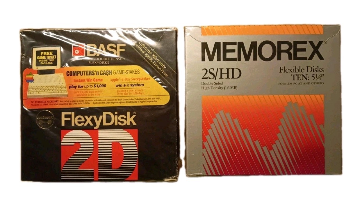 Vintage Sealed Lot of 2 BASF / Memorex 2D 5.25″ Two Sided Double Density Disks