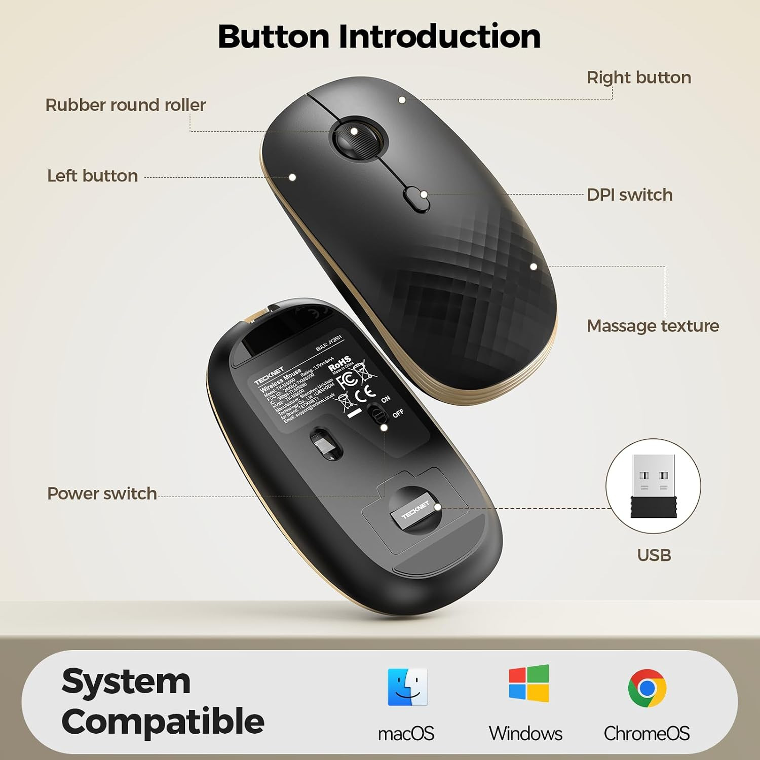 Wireless Mouse,Rechargeable Slim Portable Silent Computer Mouse
