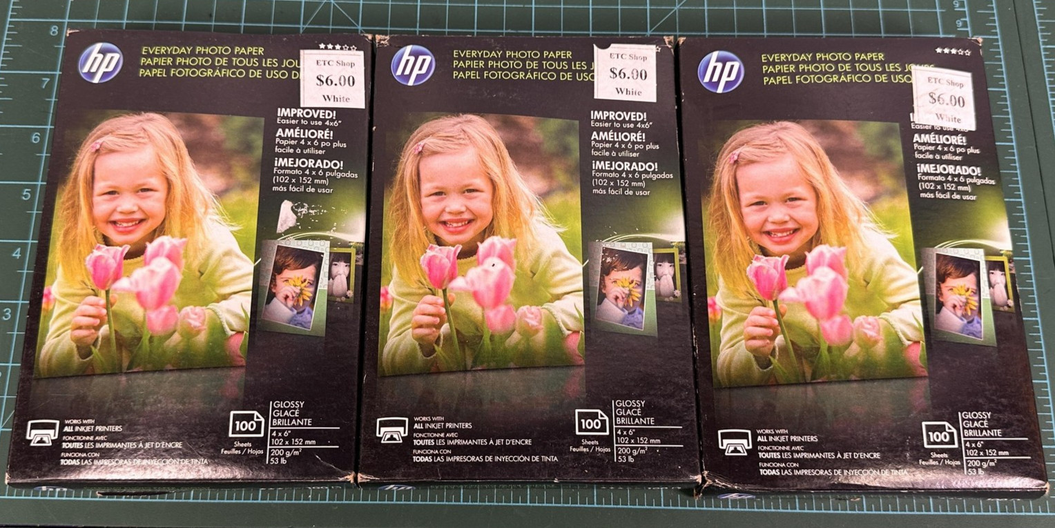 HP Everyday Photo Paper 4×6 Glossy White 100 Sheets CR759A Lot of 3 Inkjet 200g