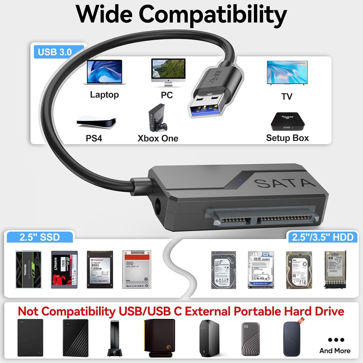 SATA to USB Adapter with Power, USB 3.0 to SATA III Internal Hard Drive Reader f