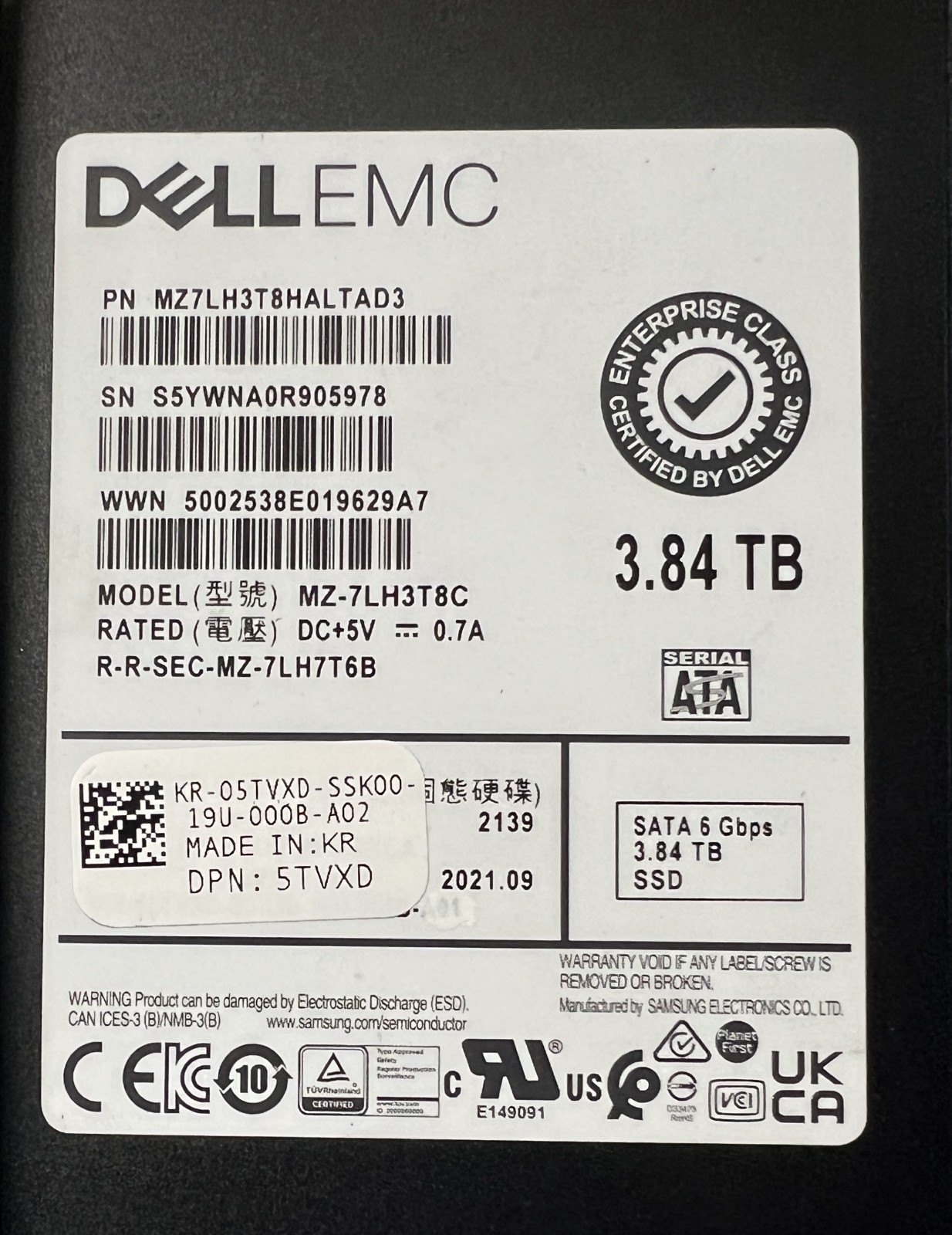 Dell 3.84TB 6Gbps 2.5in SSD, 5TVXD, 05TVXD, MZ7LH3T8HALTAD3 (S#,03 – BINA001B)