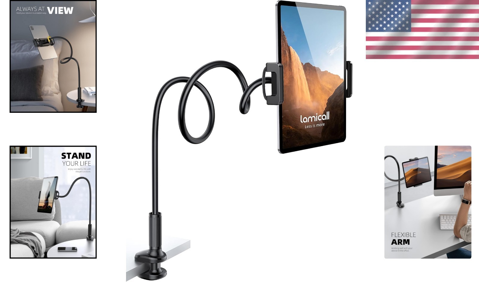 Gooseneck Tablet Mount Holder for Bed Flexible Clamp 4.7-11 Inch Device Black
