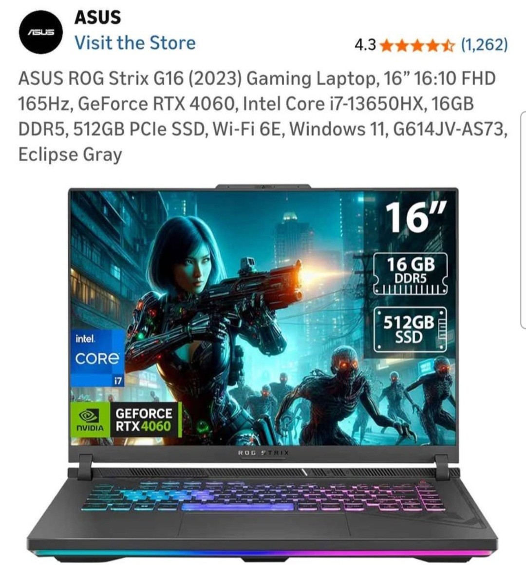 ASUS ROG Strix G16 Gaming Laptop i7-13650HX RTX 4060 16GB 512GB SSD 16″ 2560×16…