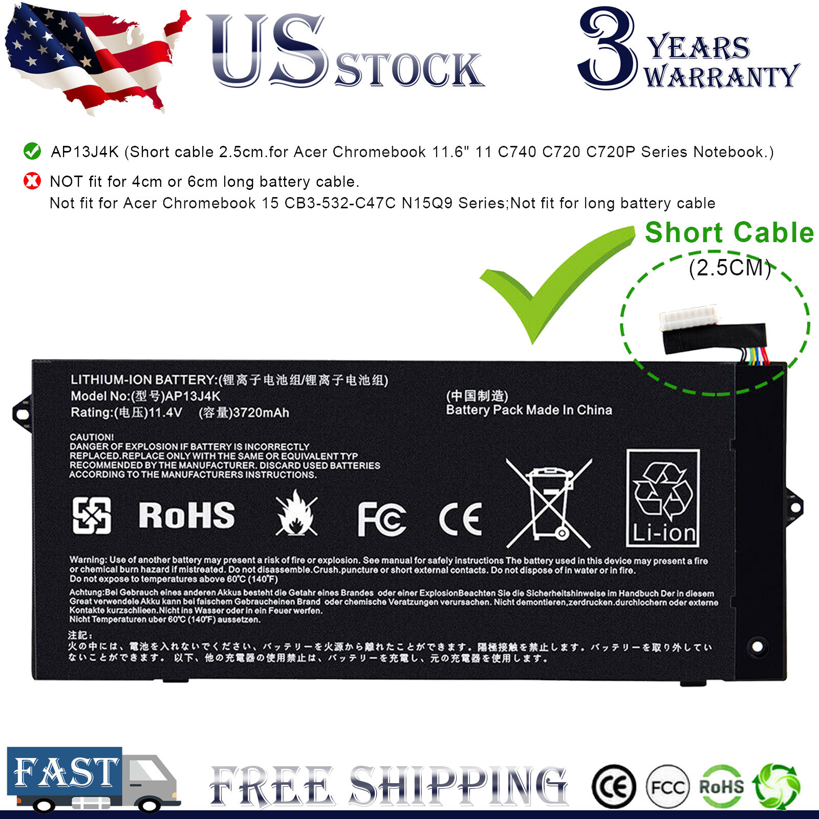 AP13J4K Battery for Acer Chromebook 11.6″ C720 C740 C720-2848 14 CB3-431 3720mAh