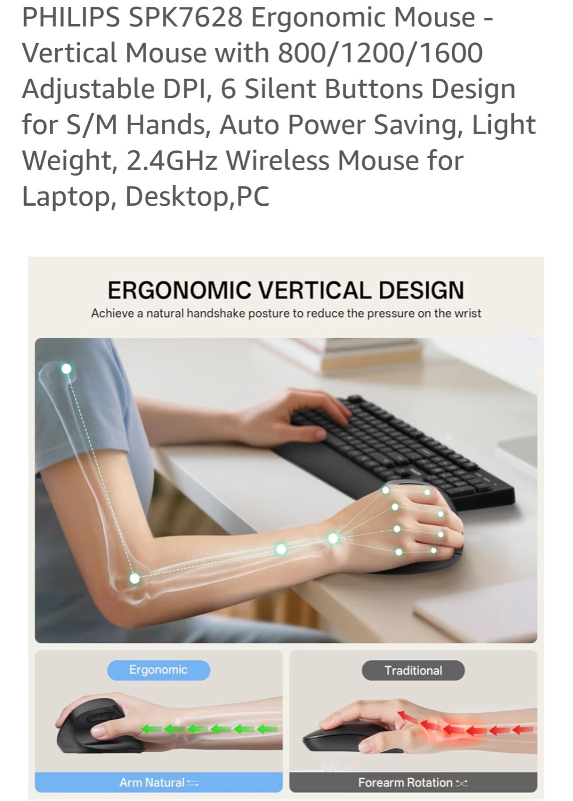 PHILIPS SPK7628 Ergonomic Mouse – Vertical Mouse 800/1200/1600 Adjustable B40