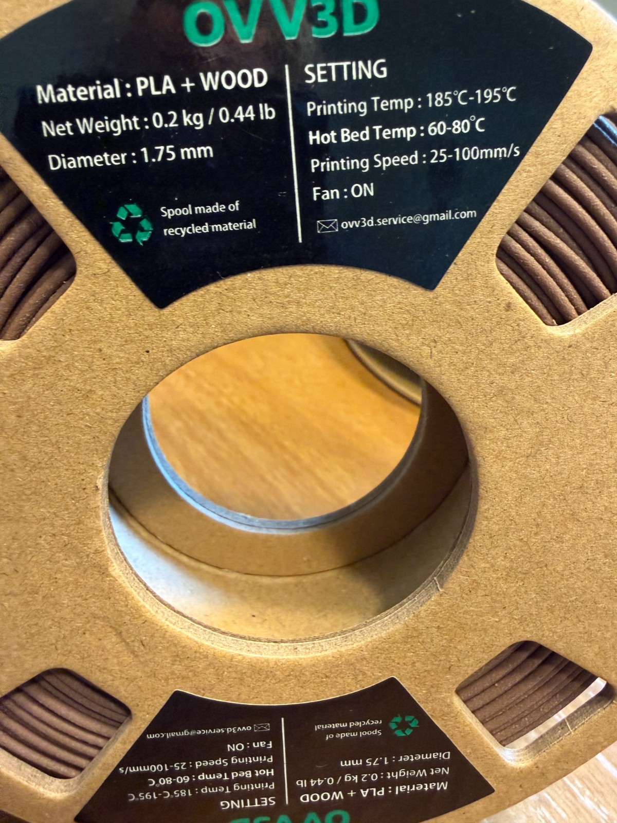 OVV3D PLA Wood Filament Lot of 4 1.75mm 200g Oak Walnut Cherry Teak Samples