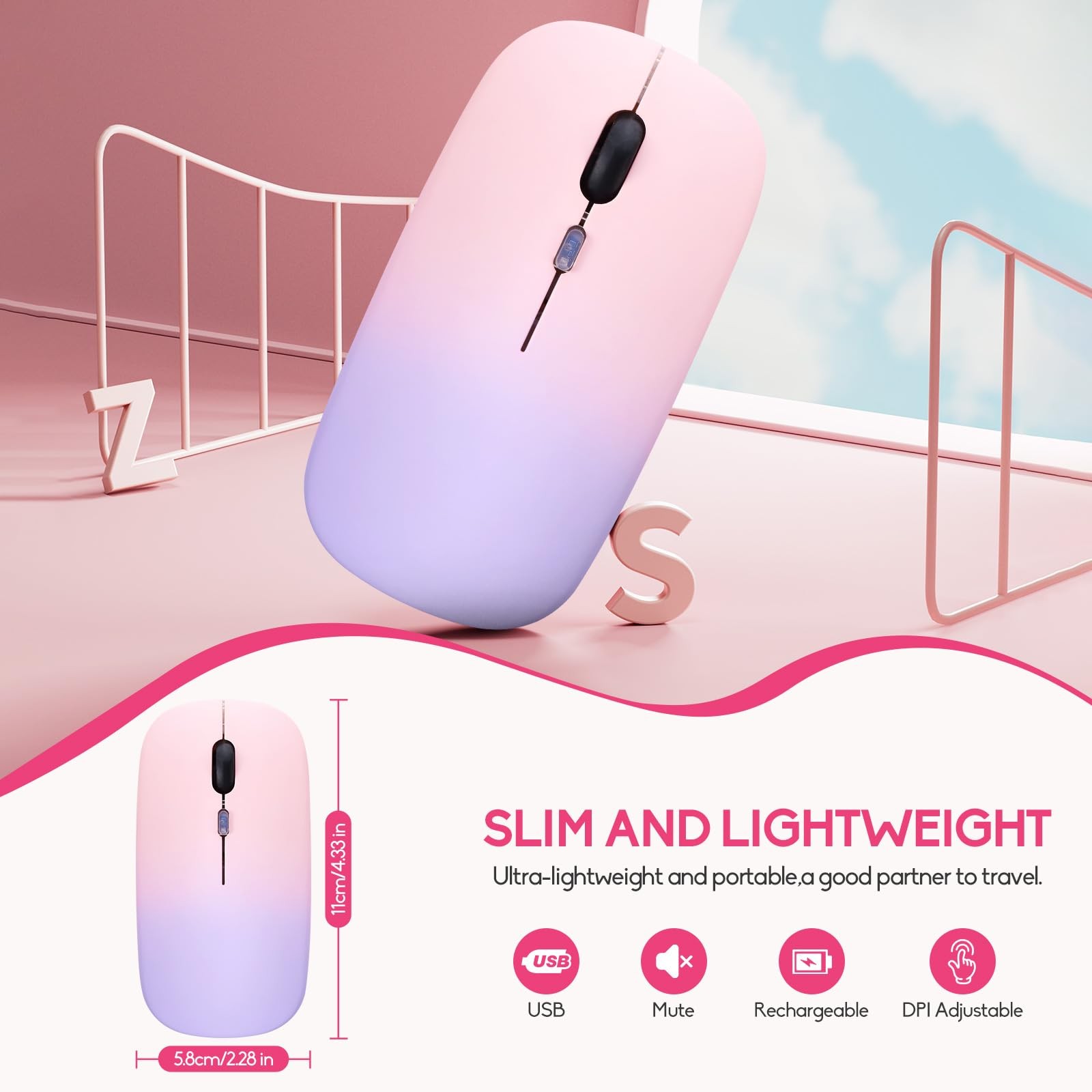 Wireless Bluetooth Mouse Rechargeable Silent Slim Laptop Mouse for Desktop