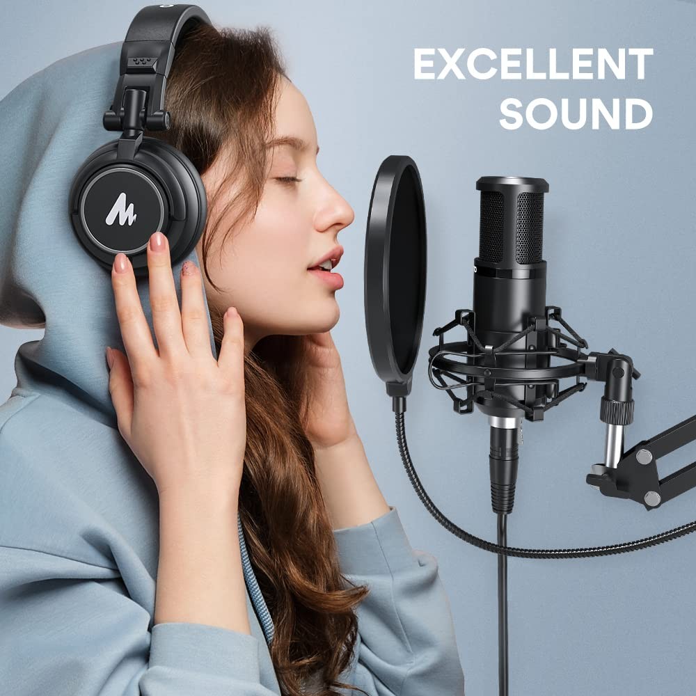 MAONO PM320S Condenser PC Microphone with XLR Cable, Boom Arm, Pop Black