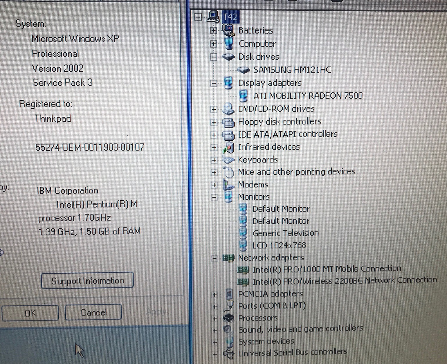 IBM ThinkPad T42 15″ XGA – 1.7ghz, 1.5gb, 120gb HDD, XP + win 98se dual boot