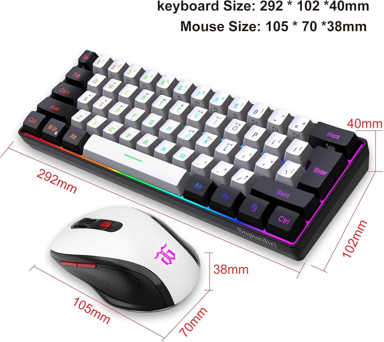 Snpurdiri 2.4G Wireless Mini 60% Gaming Keyboard & Mouse Combo RGB Backlit