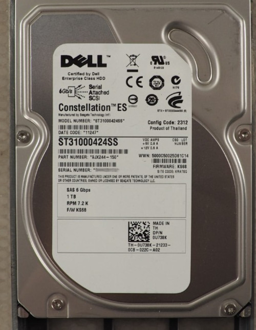 DELL CONSTELLATION ES 1TB 7.2K 6G SAS 3.5″ HDD ST31000424SS U738K w/F238F caddy