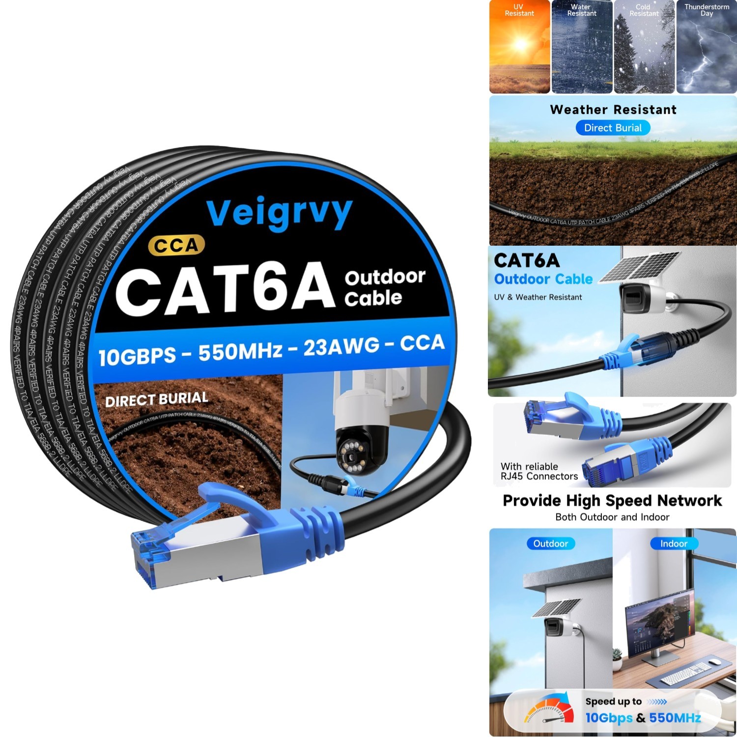 Weatherproof Cat6A Ethernet Cable 100ft – Direct Burial, 550MHz, PoE Compatible