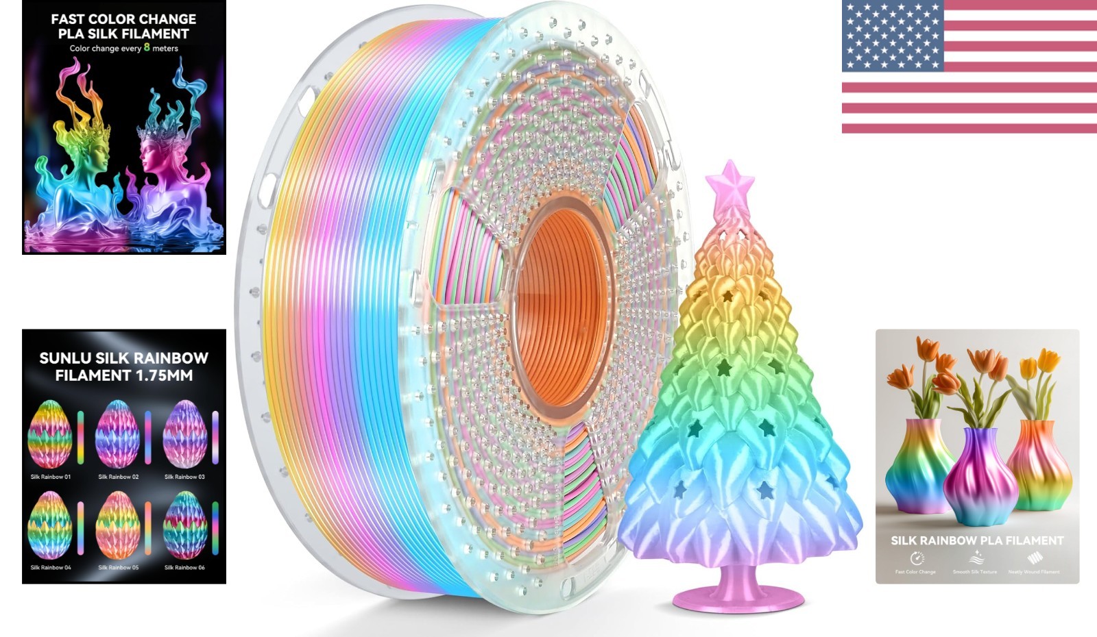 Silk Rainbow PLA Filament, Multicolor Silk 3D Printer Filament 1.75mm +/- 0.0…