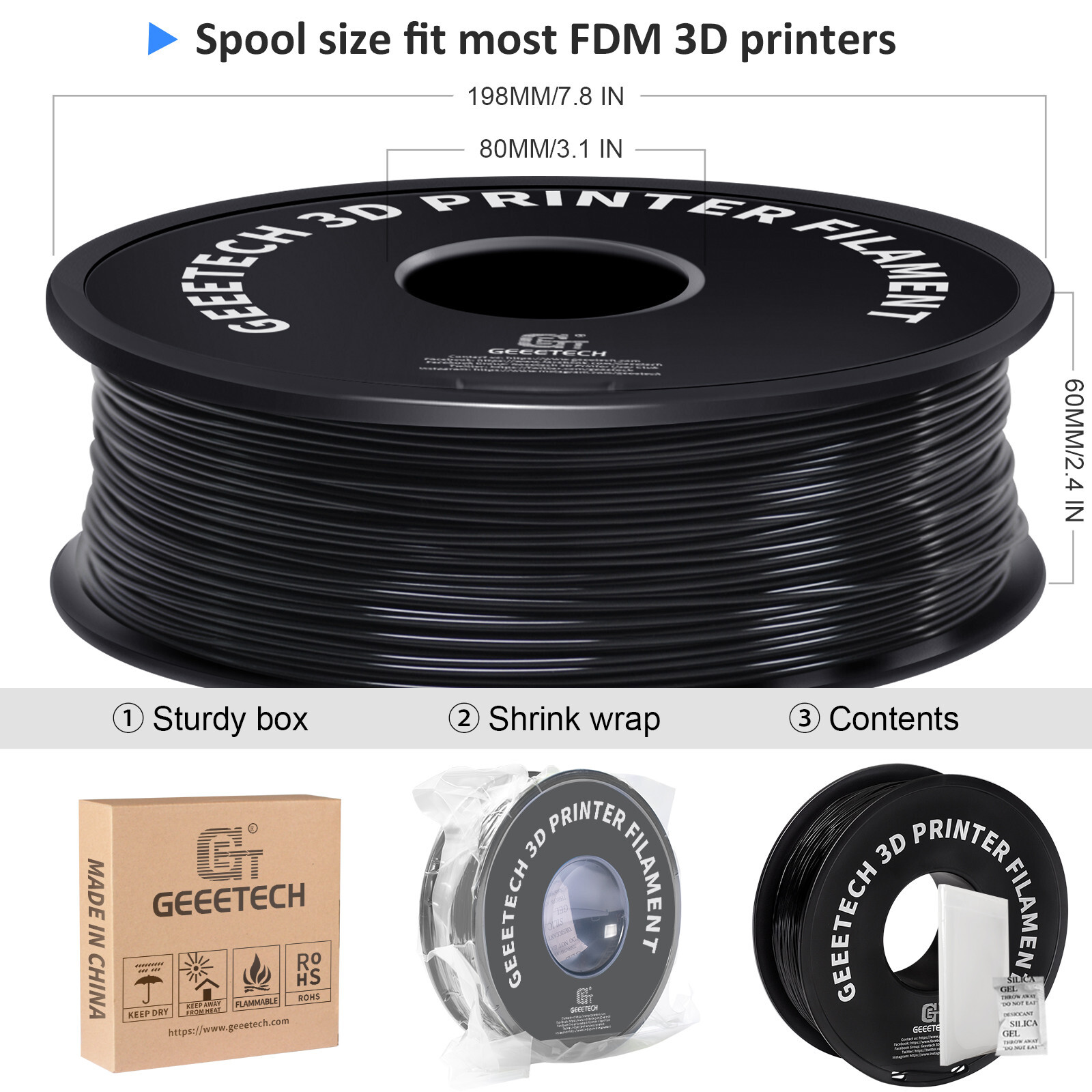 Geeetech TPU 3D Printer Filament 1kg 1.75mm Black 95A Soft High Elastic Filament