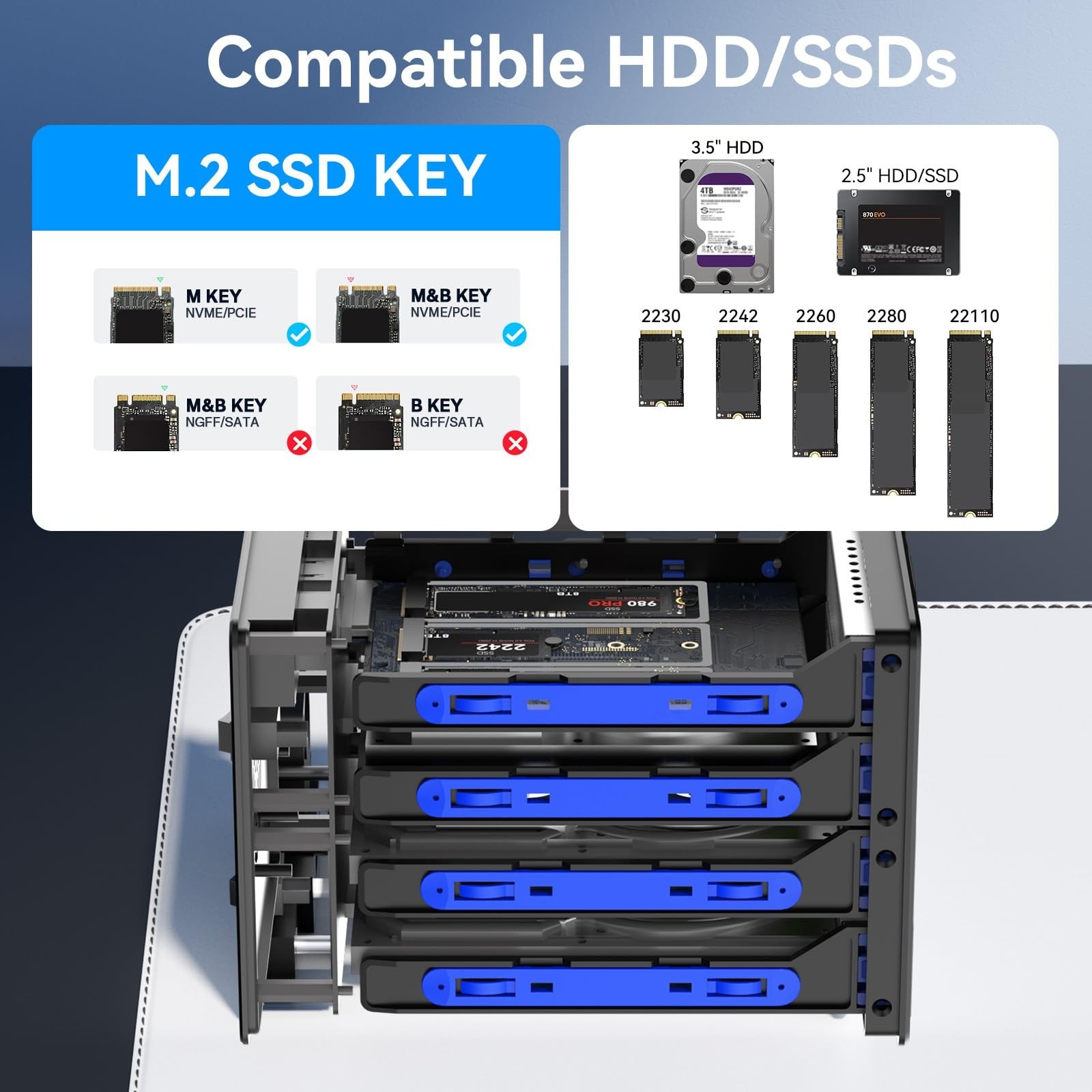 Hybrid SATA HDD/SSD Enclosure with Cooling Fan, USB 3.2 Gen 2, Supports 90TB Sto