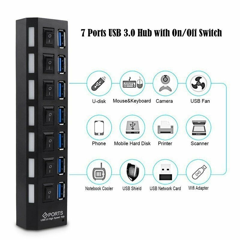 4/7 Port USB 3.0 High Speed HUB Splitter Box With ON/OFF Switch AC Power Adapter