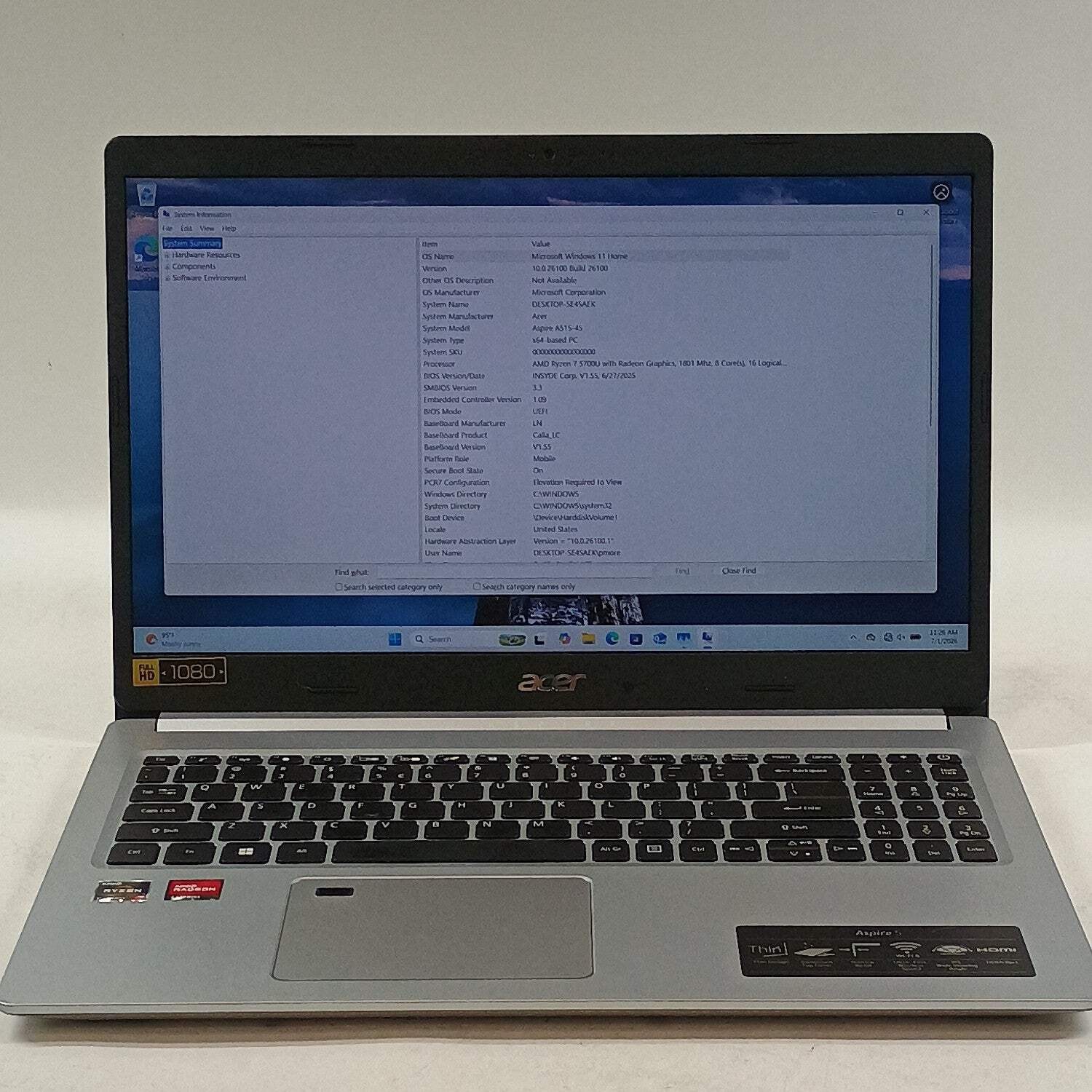 Acer Aspire 5 A515-45 15.6″ Ryzen 7 5700U 1.8GHz 16GB RAM 1TB SSD