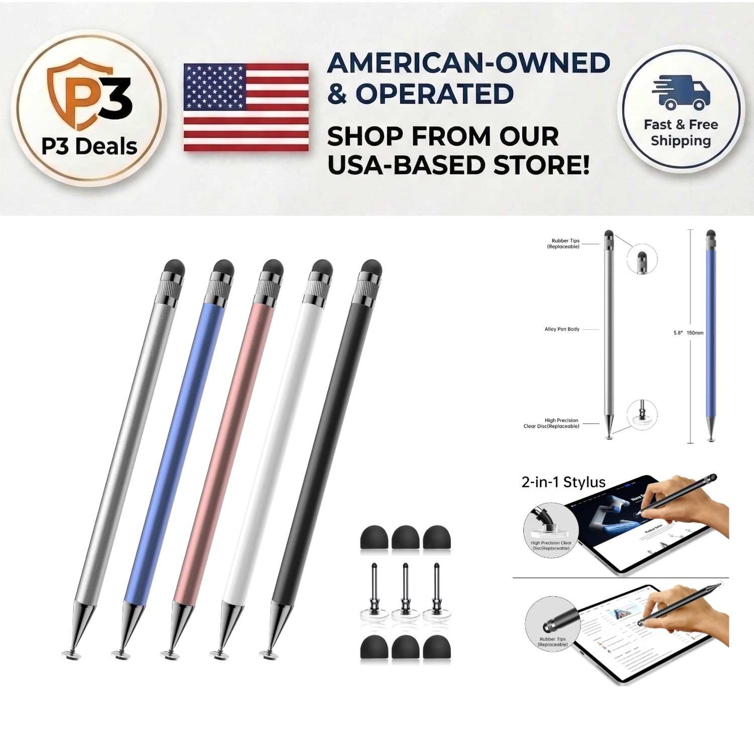 5-Pc 2-in-1 Stylus Pens Set—High Precision for Touch Screens (Black/White/Gold)