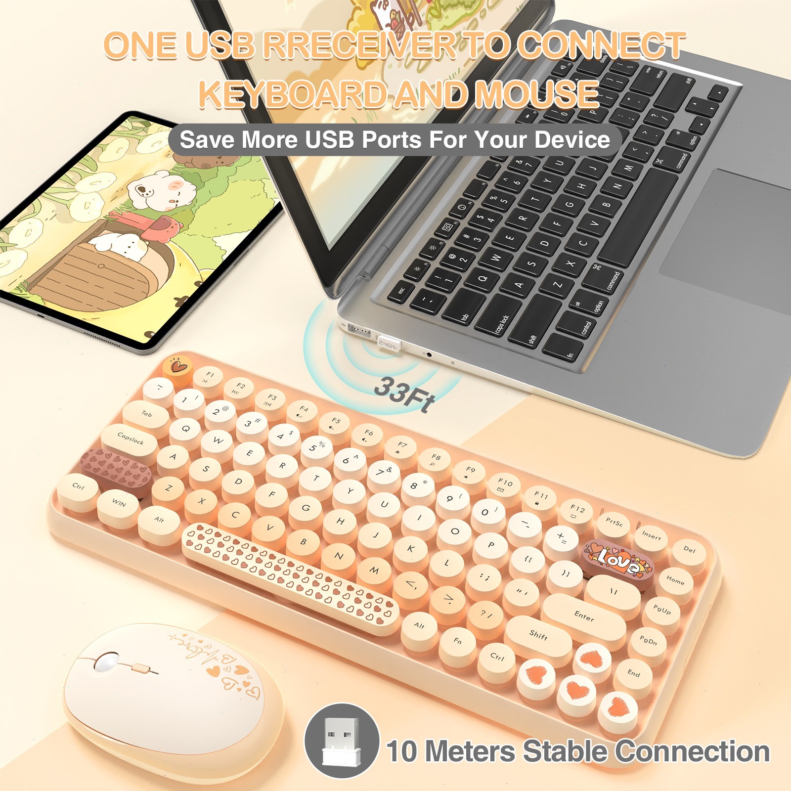 AJAZZ 308i Wireless Keyboard Mouse Set 84Keys Retro Round Silent Membrane For PC
