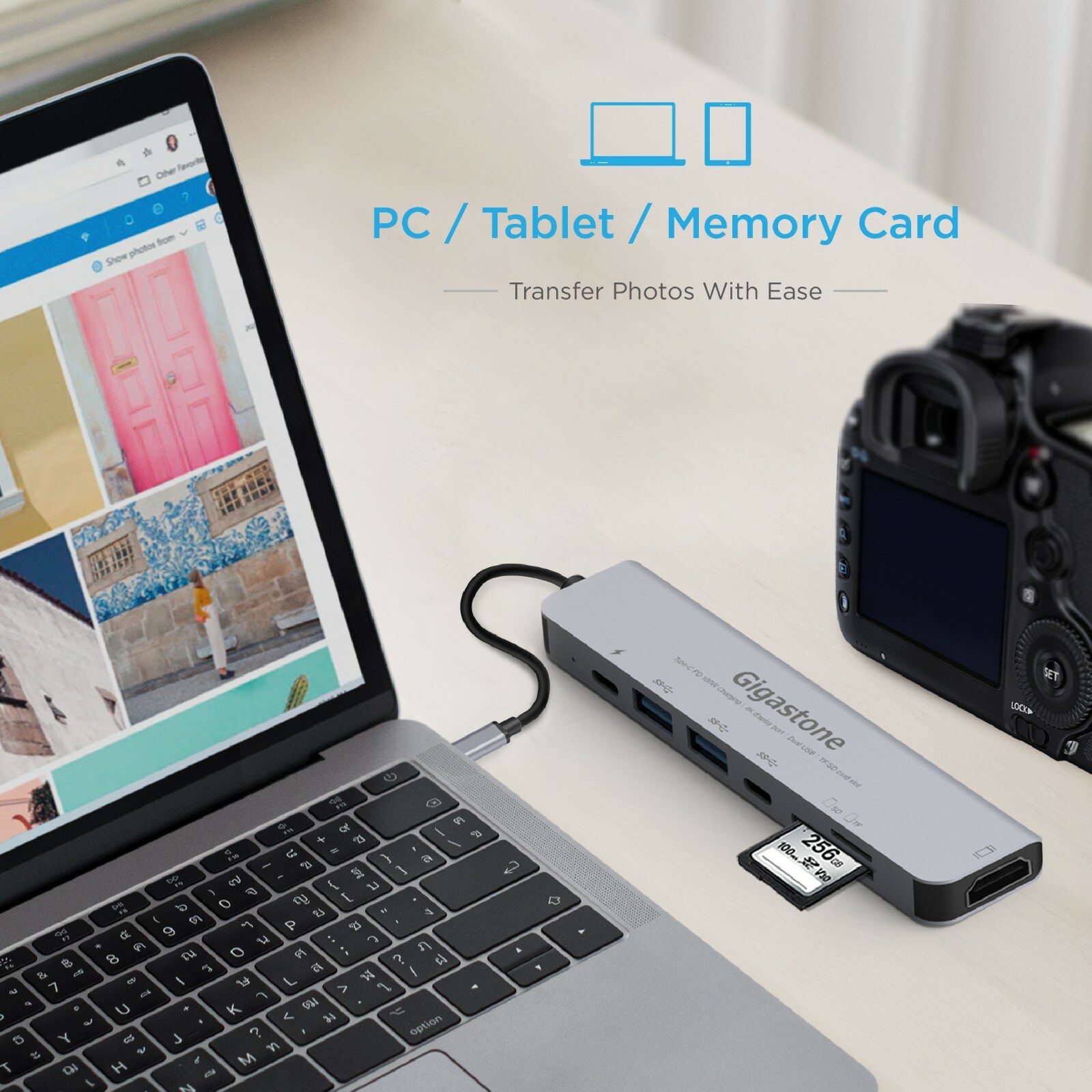 Gigastone USB-C HUB, 7IN1 Type-C , PD charge 100W, 2 USB 3.0 Ports, card reader
