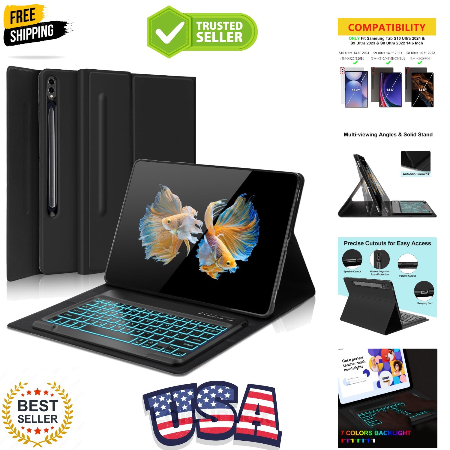 Galaxy Tab S10 Ultra/S9 Ultra/S8 Ultra Keyboard Case 14.6 inch, 7-Color Backl…