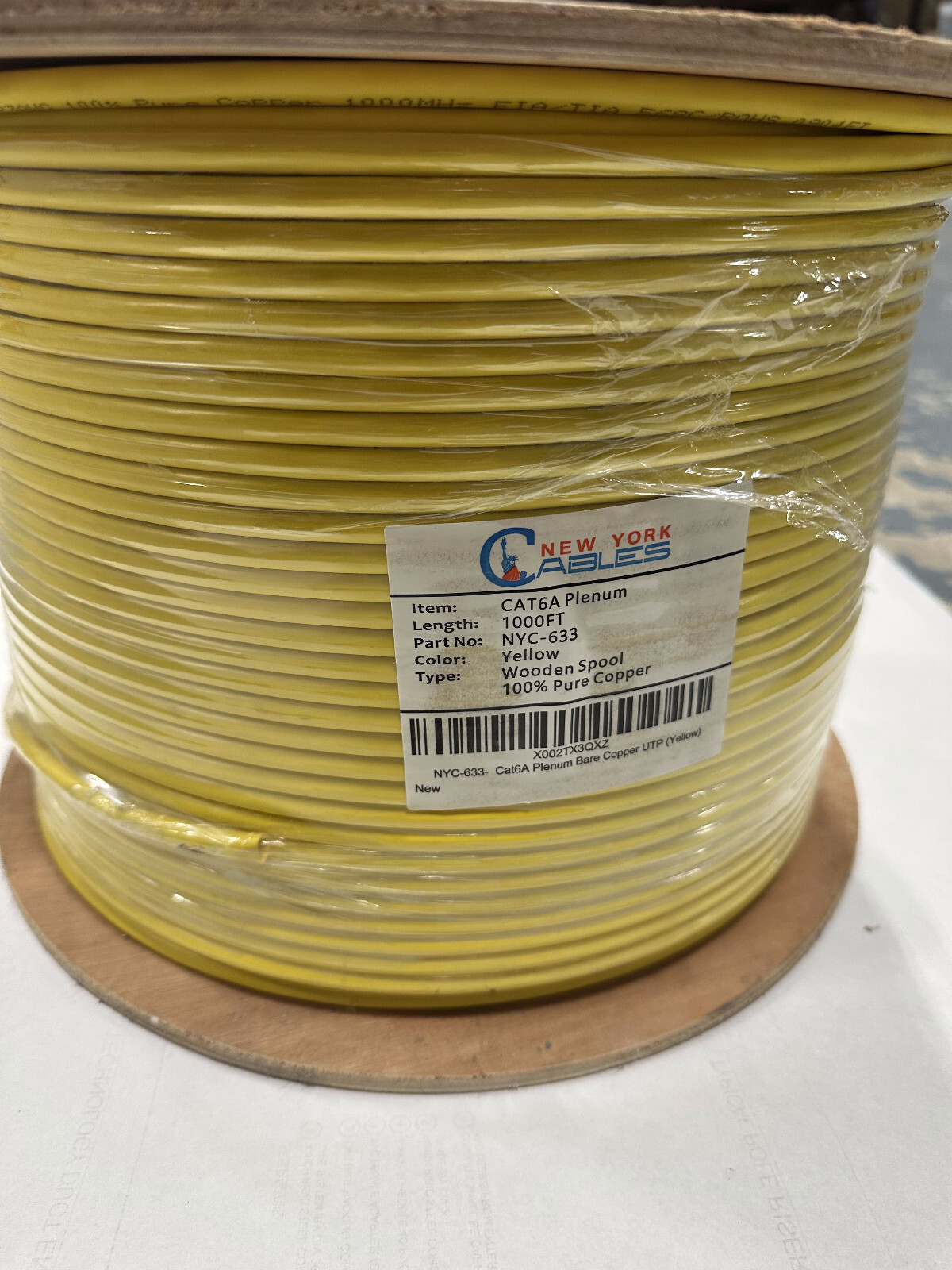 Cat6A Plenum 1000ft UL 23AWG 100% Bare Copper Cable750 Mhz Ethernet Wire yellow