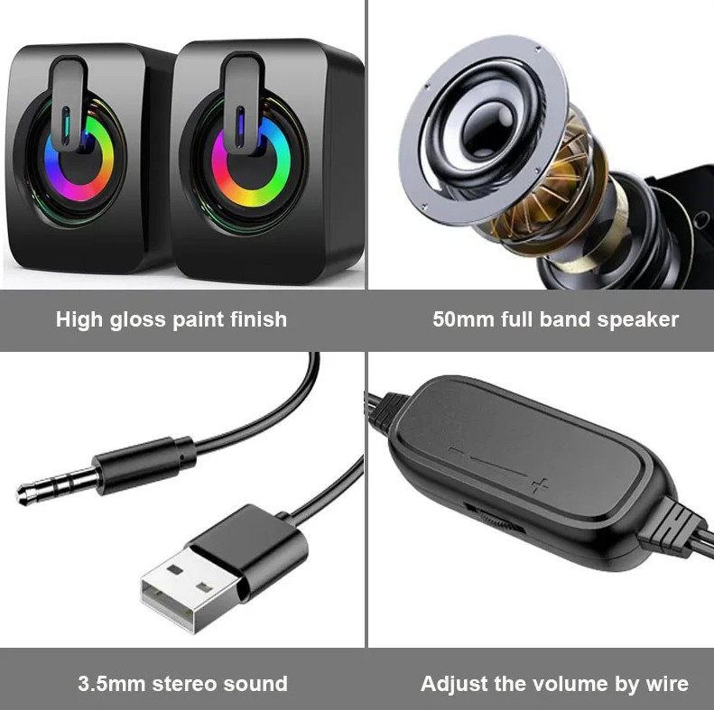 1pc USB Wired Computer Speakers with HiFi Stereo, LED Lights & Microphone – NEW