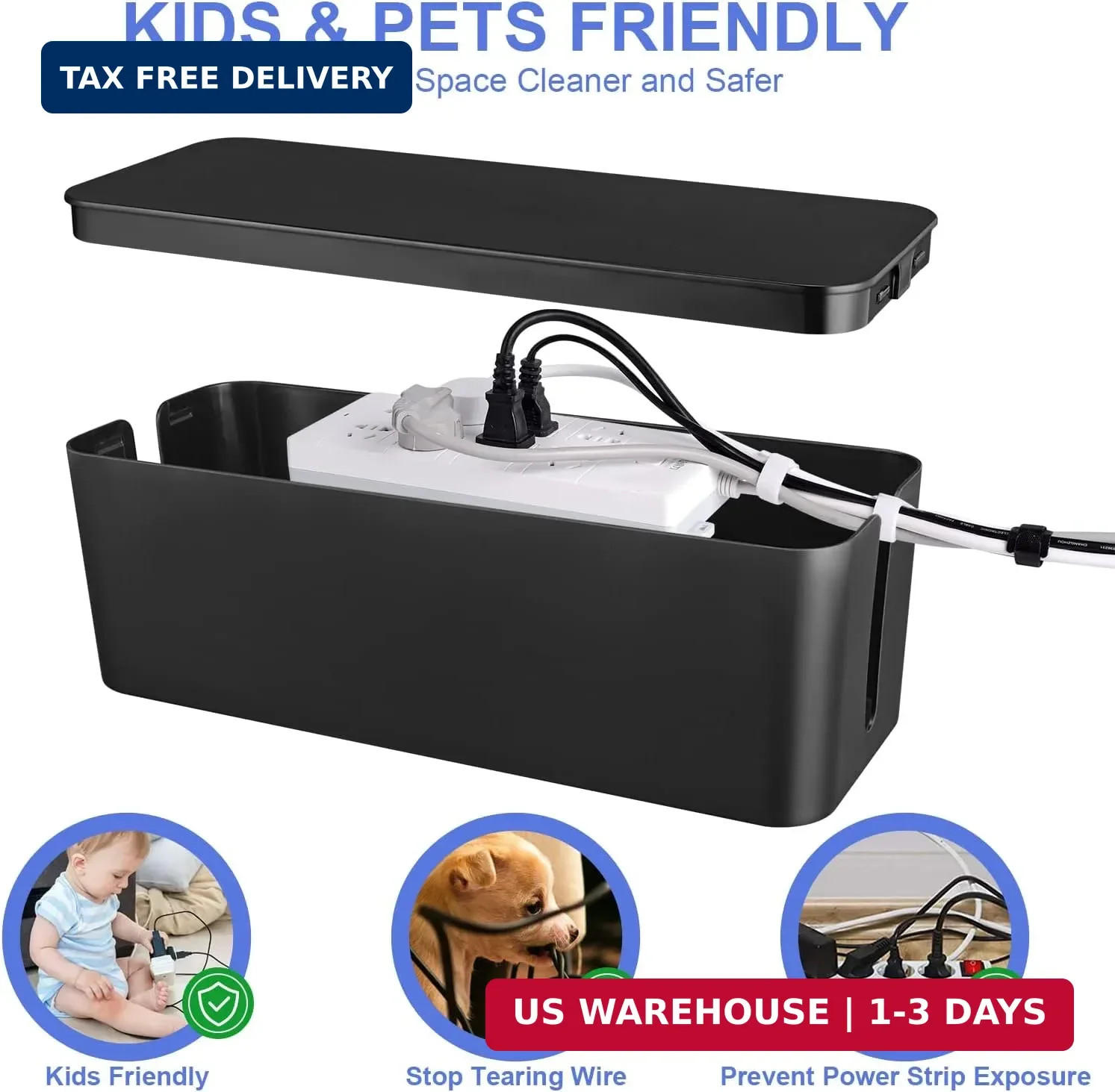 Cable Organizer Box Set of Three, Power Cover Cord Holder Surge Protector for De