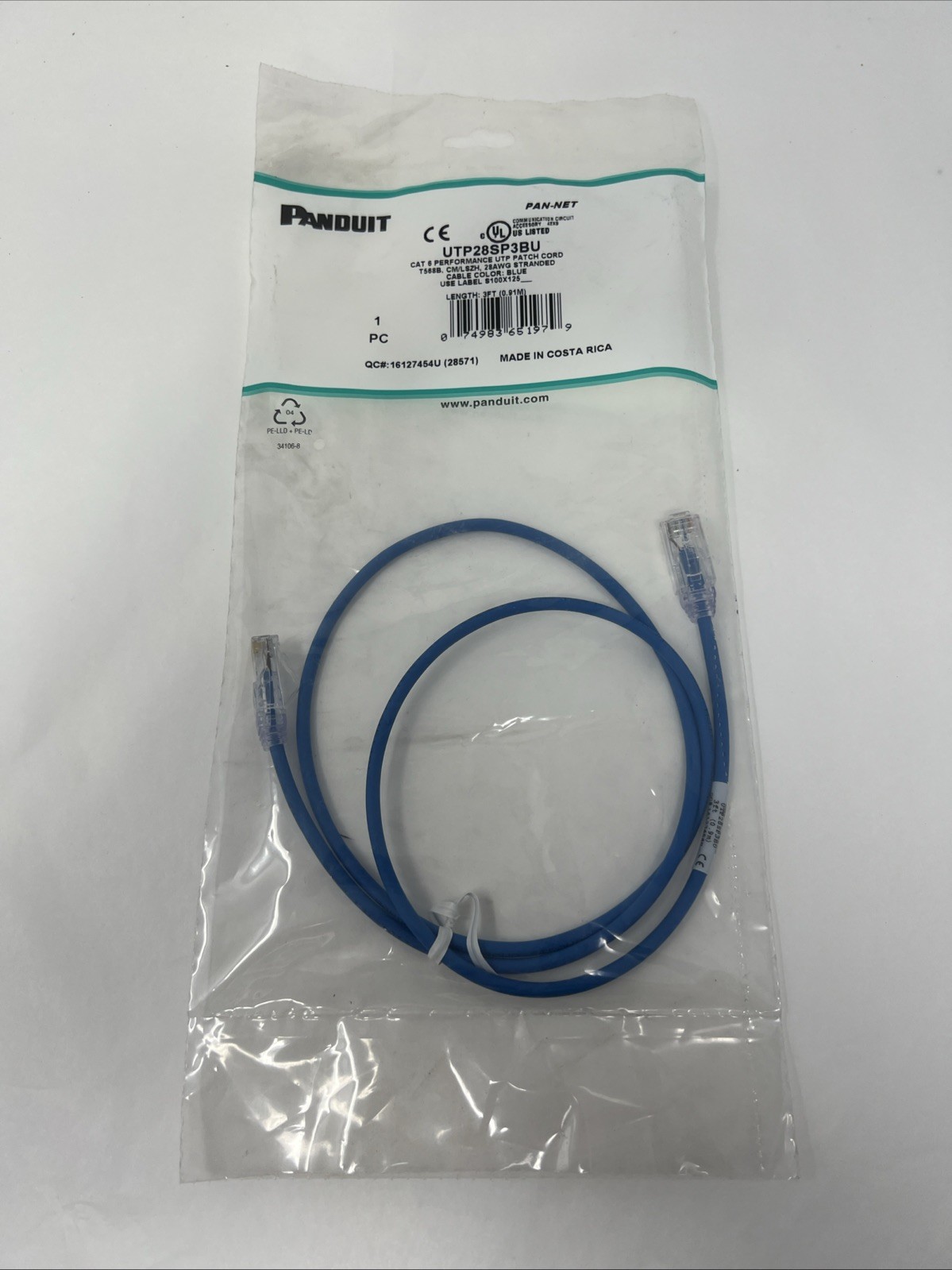 Panduit UTP28SP3BU CAT 6 Performance UTP Patch Cord, 28 AWG Stranded, 3 Feet