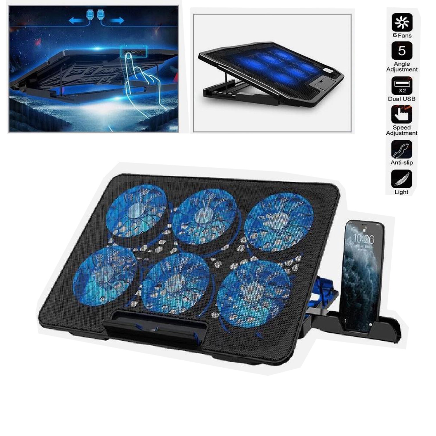 6 Fan Laptop Cooling Pad Mouse Pad USB Stand Quiet LED Cooler for 12-17″ Laptop