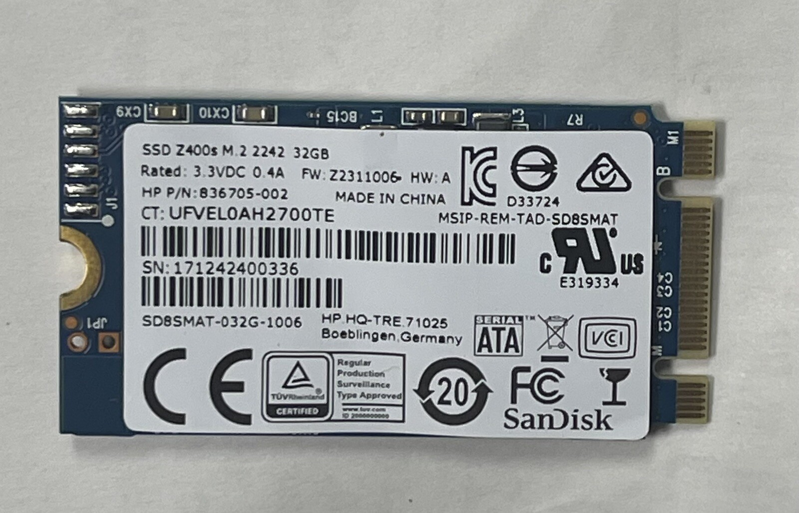 HP 32GB Z400s M.2 2242 SSD mSATA Drive 836705-002 SanDisk Z400s SSD New pulled