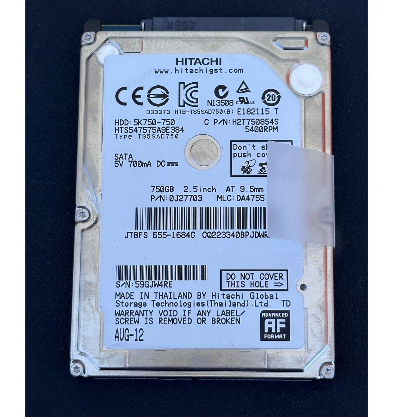 Hitachi 750GB 2.5 Hard Drive 5400RPM SATA 3.0Gb/s HTS547575A9E384