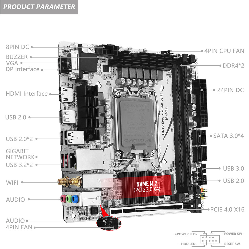 LGA 1700 H610 Motherboard Intel 12/13 Gen CPU Processor DDR4 RAM On-Board Audio